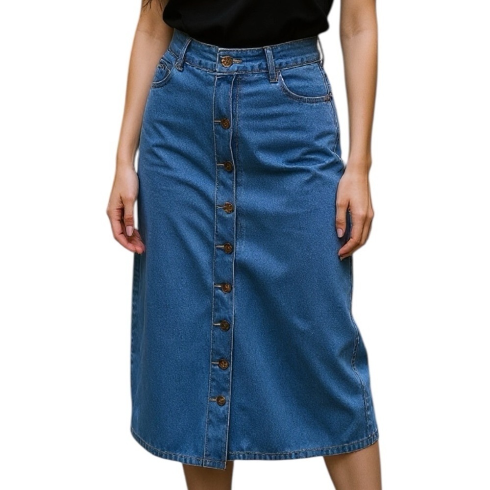 Woman Within Boho Denim Maxi Column Skirt Full Button Front Elastic Back Pocket…